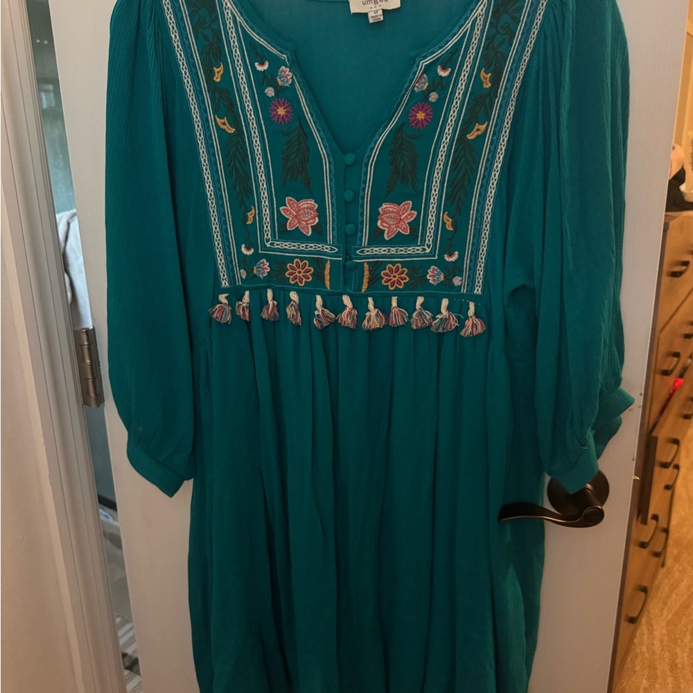Umgee Teal Embroidered Long Sleeve Boho Dress